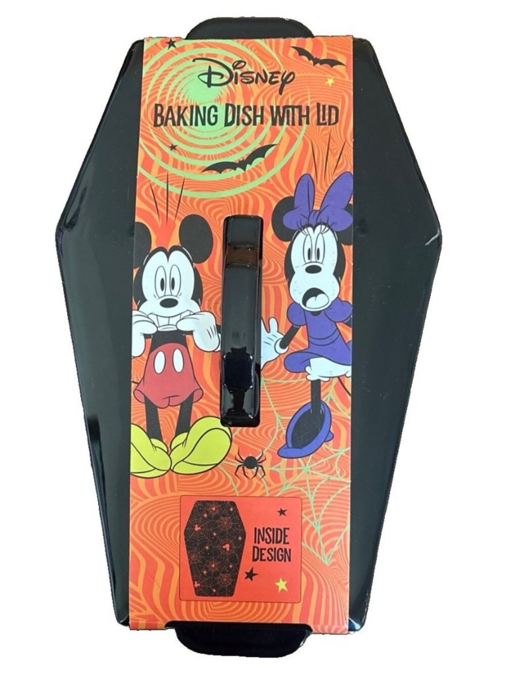 Disney Mickey Mouse Halloween Spiderwebs Black Coffin Baking Dish w/Lid NEW 14”